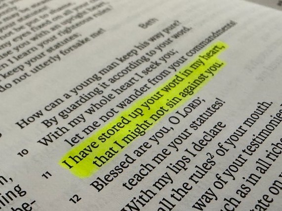 Psalm 119:11 highlighted in yellow in a printed Bible