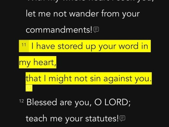 The same verse, Psalm 119:11, highlighted in yellow in the YouVersion app