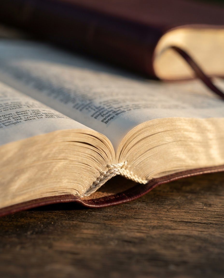 Close-up of hand-stitched Smyth-sewn signatures at the spine of an open Bible
